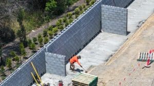 Commercial and industrial building project in Upper Coomera on the Gold Coast Australia. Civil works and tilt panel construction captured with drone of building project. Construction project by Clarkes Design and Construct. QLD industrial and commercial builders.