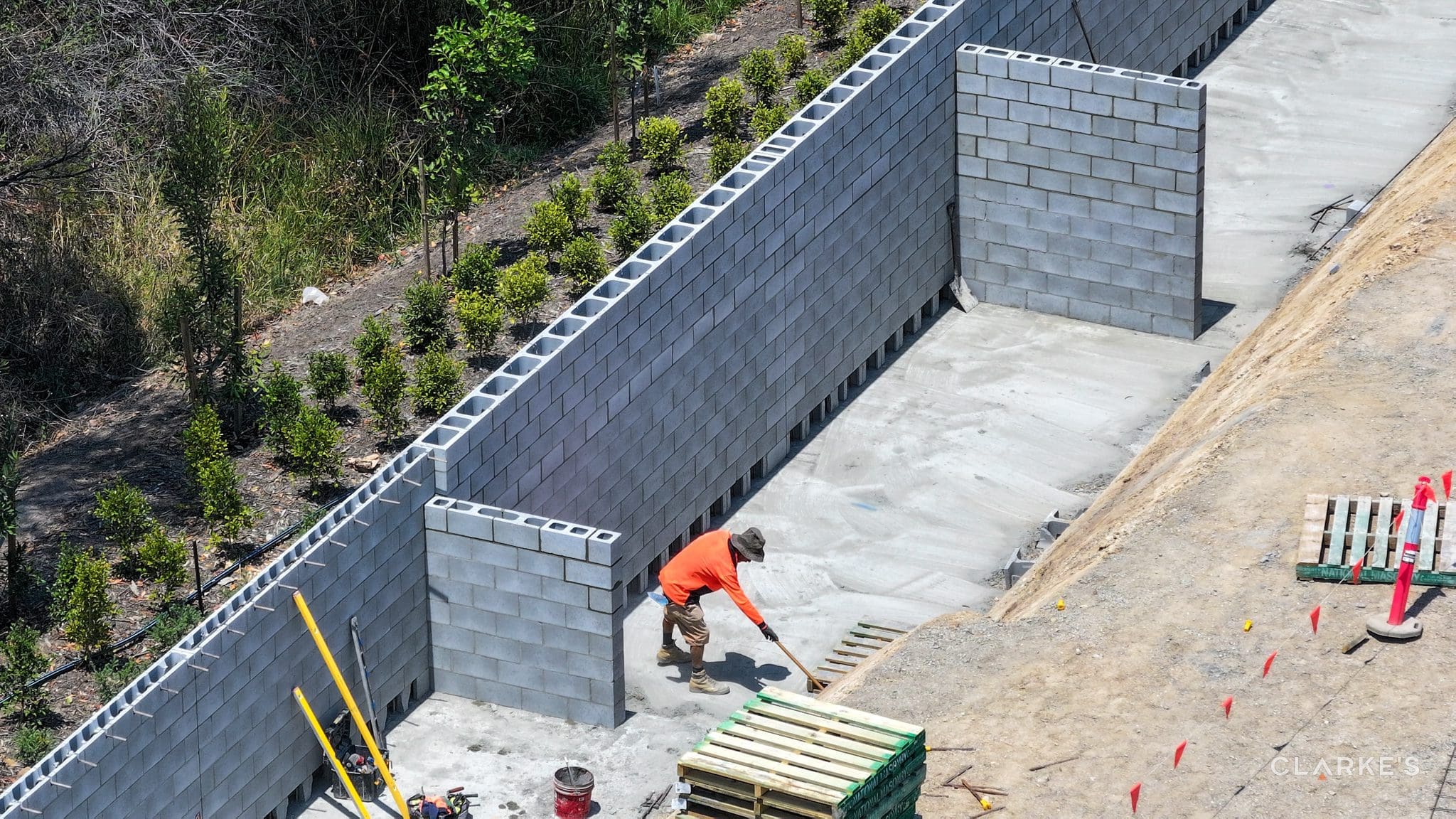 Commercial and industrial building project in Upper Coomera on the Gold Coast Australia. Civil works and tilt panel construction captured with drone of building project. Construction project by Clarkes Design and Construct. QLD industrial and commercial builders.